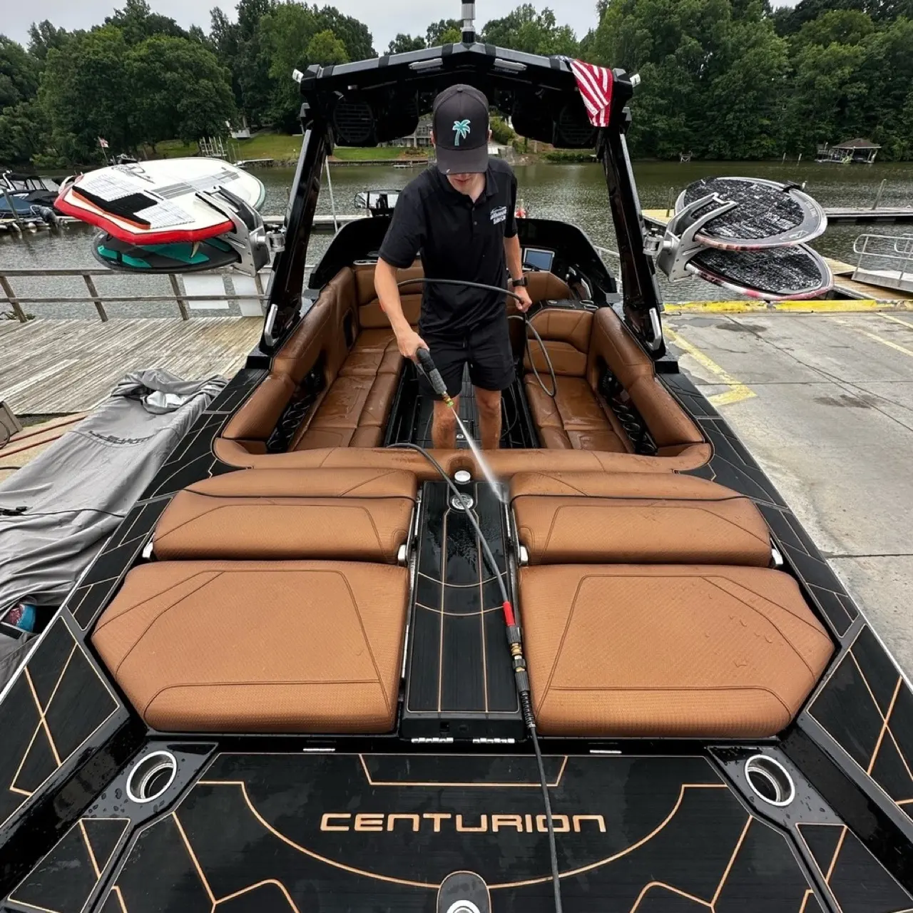Teak deck of a Centurion during a marine detail